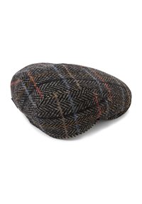 Wełniana czapka typu flat cap w ciemnoszarym wzorze jodełki z czerwonymi, niebieskimi i żółtymi akcentami; zaokrąglony kształt z fakturowanym wykończeniem tkaniny.