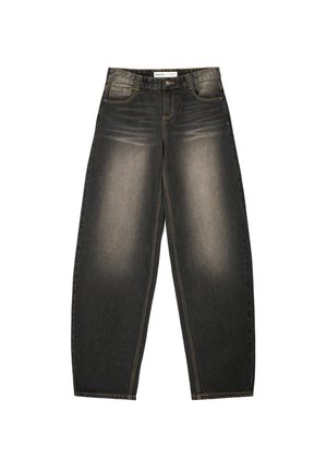 Svarta jeans med vida ben i denim med ljusa blekningar, fem fickor och bruna sömmar. Midjan har en framknappsstängning.