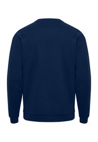 Granatowa bluza z długim rękawem i okrągłym dekoltem, z prążkowanymi mankietami i pasem, pokazana od tyłu na białym tle.