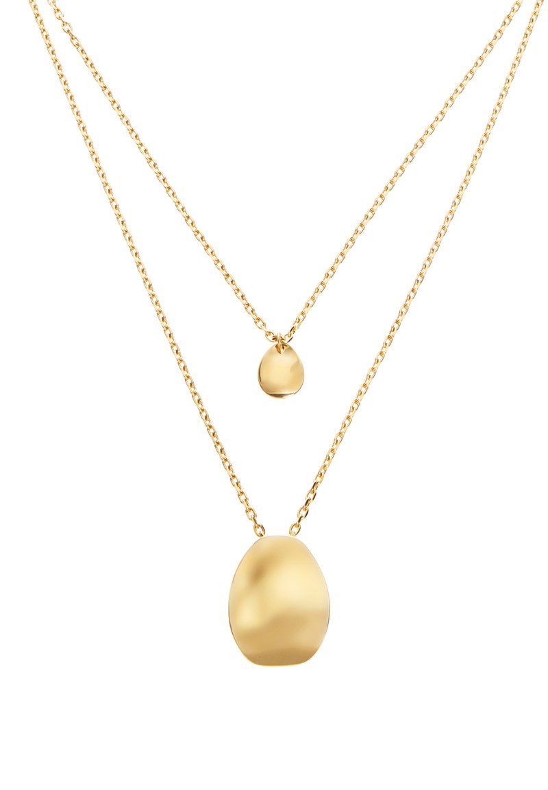 Złocona podwójna naszyjnika z dwoma gładkimi, owalnymi wisiorkami w różnych rozmiarach, zawieszonymi na delikatnych łańcuszkach.