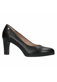 Escarpin noir en cuir avec un bout arrondi, surface lisse et un subtil accent métallique sur le talon. Semelle extérieure noire texturée.