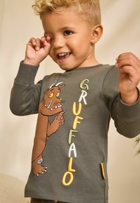Gray long-sleeve shirt featuring a cartoon Gruffalo design in brown and colorful embroidered "GRUFFALO" text. Soft cotton fabric with ribbed cuffs.