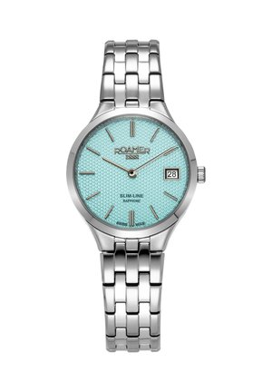 Orologio in acciaio inox argento con un quadrante aqua testurizzato, indici delle ore argentati, visualizzazione della data alle 3 e un bracciale a maglie.
