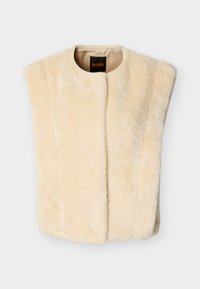 Εκρού γιλέκο από τεχνητή γούνα με στρογγυλή λαιμόκοψη, ανοιχτό μπροστινό μέρος και χωρίς μανίκια. Μαλακή υφή και ομαλή εσωτερική επένδυση. Ορατή ετικέτα της μάρκας.