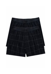 Boxer neri in cotone con motivo a griglia, dotati di una vita elastica e un singolo bottone sul davanti. Texture morbida e design informale.