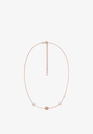 Ruusukultainen kaulakoru, jossa on herkkä ketju ja kolme koristeellista osaa: kaksi kukkakoristetta ja yksi pyöreä muotoilu, kaikki sileäpintaisia.