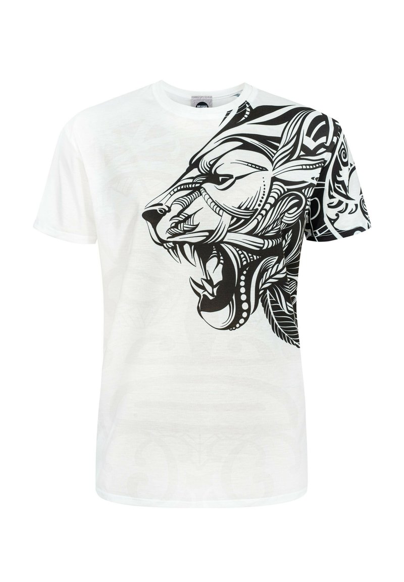 White short-sleeve t-shirt featuring a large black lion graphic with intricate patterns and textures on one side.