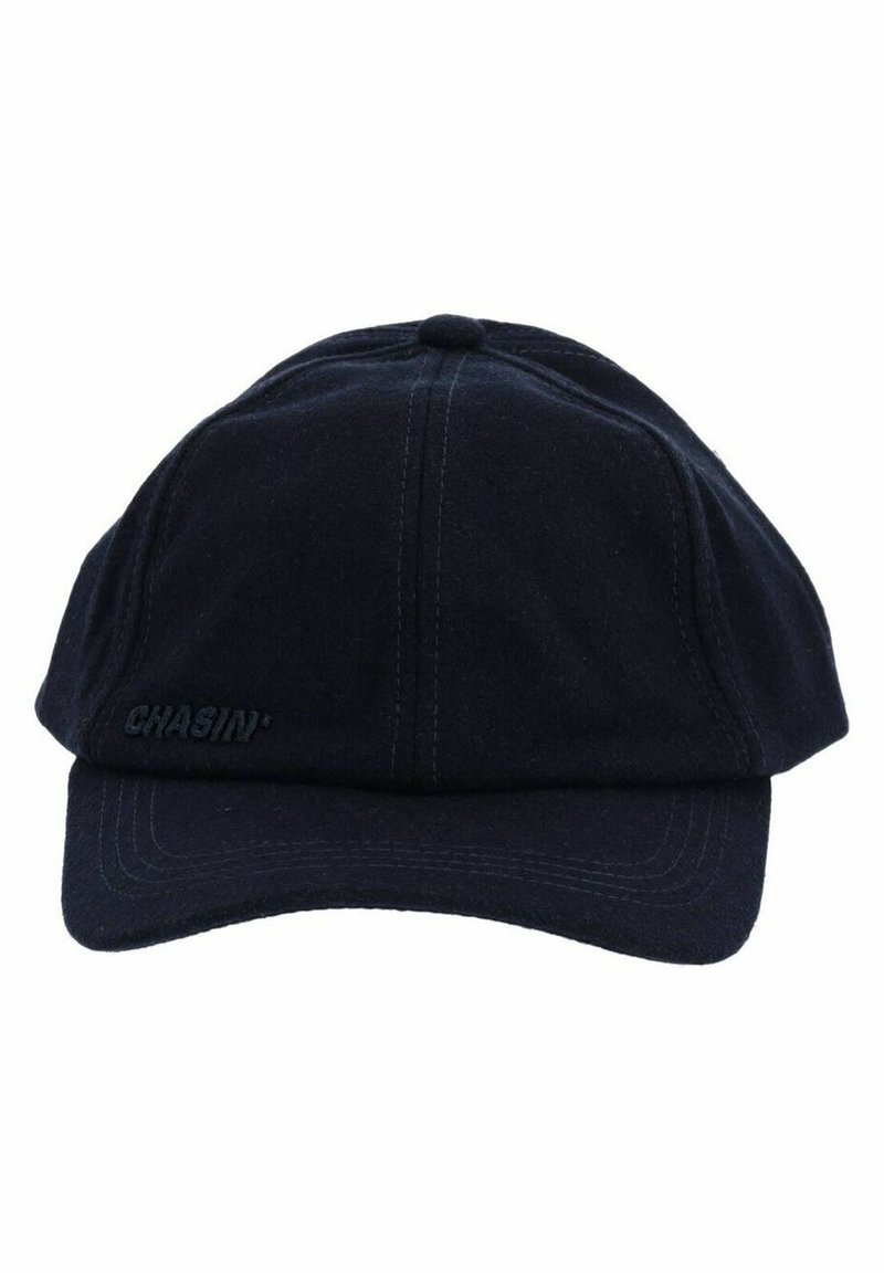Casquette de baseball noire à six panneaux avec une visière courbée et un logo subtil "CHASIN'" brodé sur le côté avant gauche.