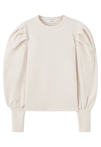 Pull côtelé crème à manches longues avec épaules bouffantes et poignets ajustés, encolure ronde et design à enfiler.