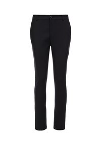 Black tailored pants made of smooth fabric, featuring a slim fit, belt loops, a button closure, and a zip fly. No pockets or patterns visible.