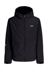 Μαύρο αδιάβροχο μπουφάν με κουκούλα, κλείσιμο με φερμουάρ, πλαϊνές τσέπες και μαλακή εσωτερική επένδυση. Διαθέτει λογότυπο και ρυθμιζόμενα μανίκια.