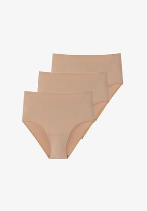 Set di intimo beige a vita alta, composto da tre pezzi. Tessuto liscio con design senza cuciture e senza cuciture visibili. Forma classica degli slip.