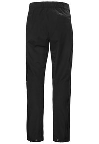 Czarne wodoodporne spodnie z elastycznym paskiem w talii, bocznymi kieszeniami na zamek i zwężanymi nogawkami. Gładka tekstura i minimalistyczny design.