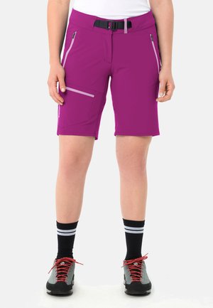 Persoon die paarse knielange shorts draagt met ritszakken, zwarte sokken met witte strepen en grijze sneakers met rode veters.