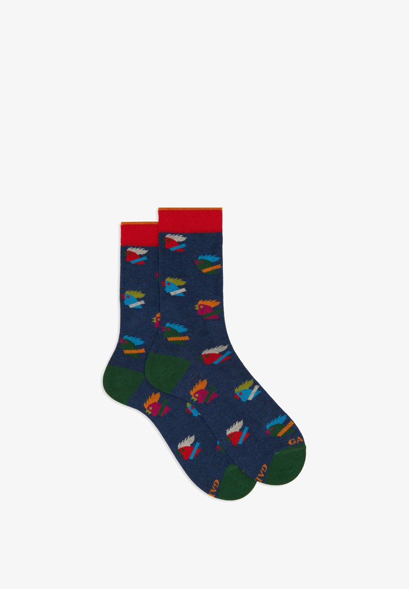 Calze blu navy con motivi di teste di uccelli colorati, polsini rossi e talloni e punte di colore verde scuro.