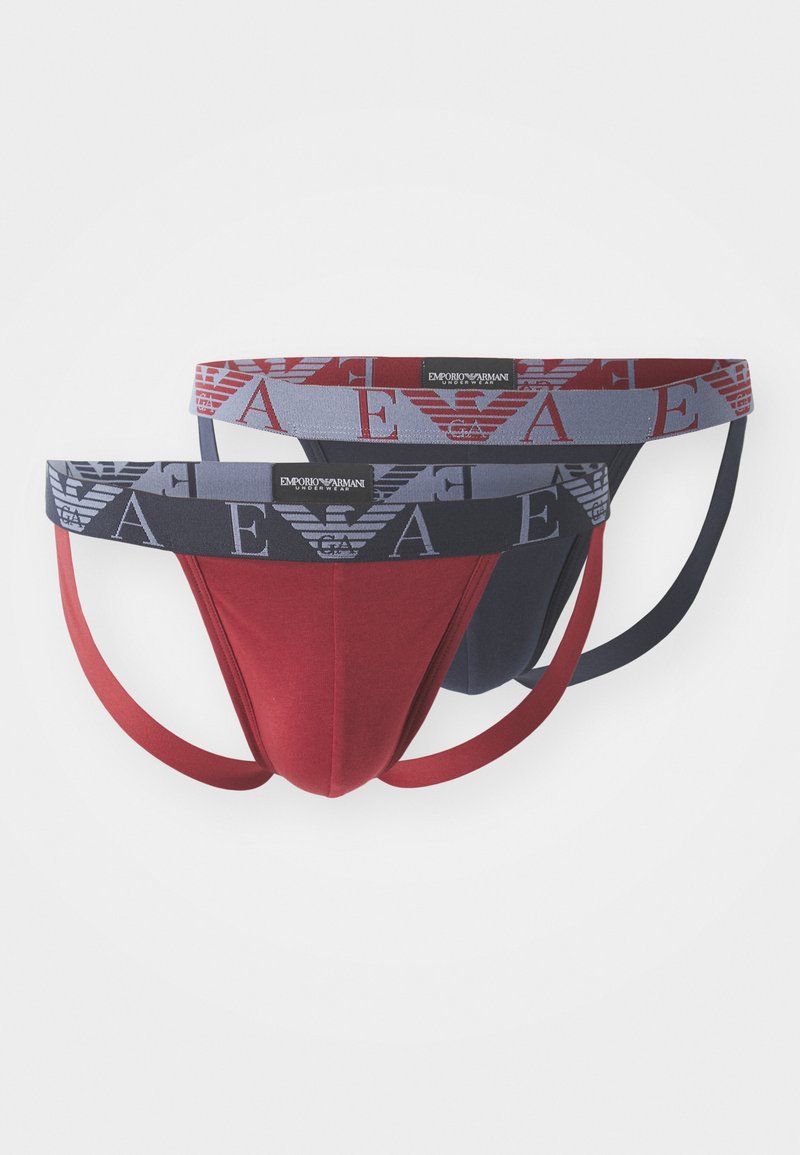 Twee herenjockstraps in rood en marineblauw met brede elastische band met Emporio Armani-logo's.