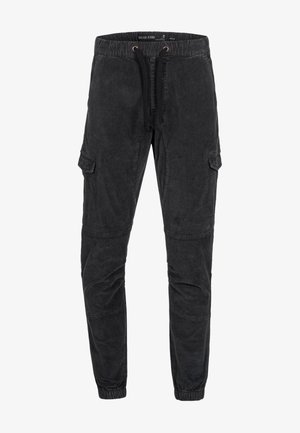 Dunkelgraue Cargo-Hosen aus strukturiertem Stoff. Mit elastischem Bund und Kordelzug, Seitentaschen und gerafften Knöcheln.
