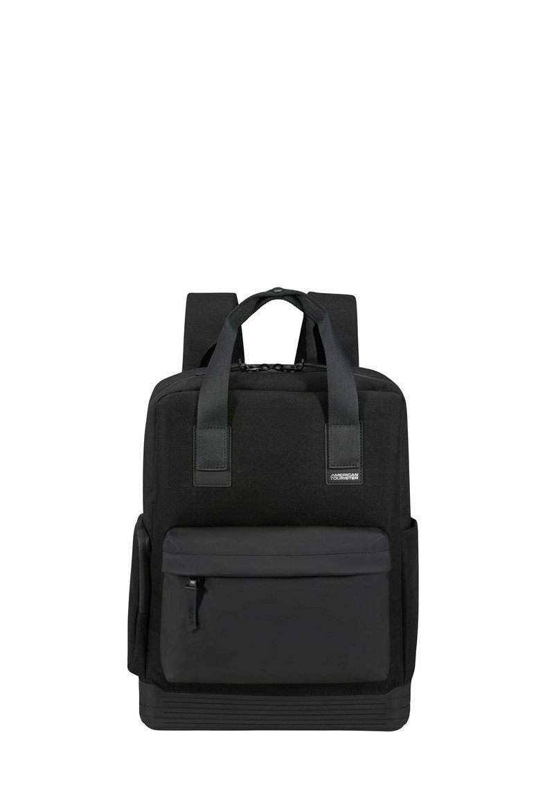 Black backpack with a textured fabric, featuring adjustable straps, a front pocket, and a subtle logo. Structured design with a streamlined shape.