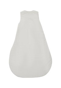 Weißer Schlafsack mit abgerundeter, ausladender Form. Glatte Textur, ärmelloses Design und eine einfache, einfarbige Oberfläche ohne Muster oder Akzente.