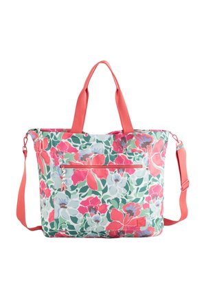 Bolso tote floral con un patrón multicolor en tonos de rosa, verde y azul claro. Incluye asas dobles y una correa de hombro ajustable.