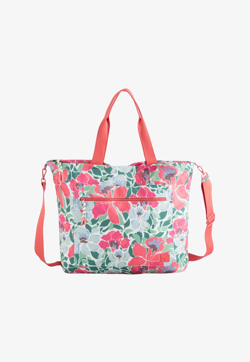 Floral tote bag featuring a multicolored pattern with pink, green, and light blue hues. Includes dual handles and an adjustable shoulder strap.