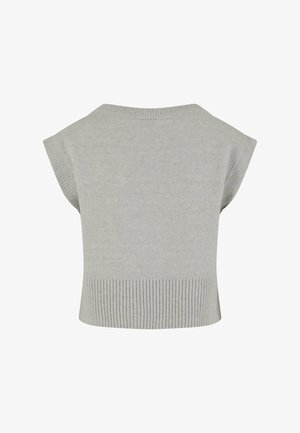 Pull en tricot gris à manches courtes, avec un large décolleté et une texture côtelée en bas. Conception simple et uniforme sans motifs.
