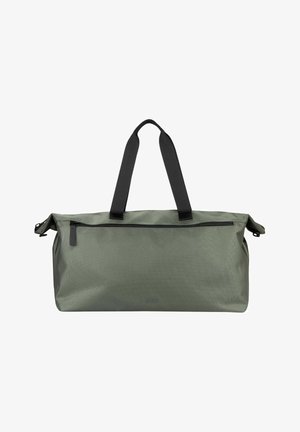 Sac de sport rectangulaire vert avec poignées noires et une poche zippée à l'avant sur fond blanc.