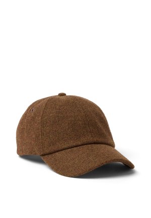 Brown woolen baseball cap with curved brim and small button on top, shown against a white background.