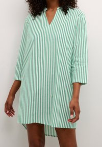 Sukienka typu tunika w zielono-białe paski, z dekoltem w serek, rękawami do łokcia i lekko zaokrąglonym dołem. Wykonana z lekkiego materiału.