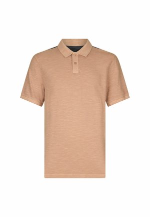 Beige Polo-Shirt mit kurzen Ärmeln und zwei Knöpfen, aus strukturierter Baumwolle, mit klassischem Kragen und entspannter Passform.