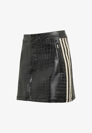 Black faux-crocodile leather mini skirt with two vertical cream stripes, featuring a side zip pocket and button closure at the waistband.