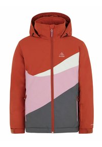 Veste d'hiver homme avec capuche, fermeture éclair frontale et blocs de couleur rouille, blanc, rose et gris, avec deux poches latérales zippées.