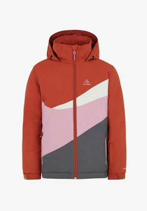 Person wearing rust-colored snow jacket with pink, white, and gray diagonal panels, matching snow pants, and black snow boots.