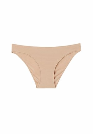 Beige katoenen bikinibroekje met een gladde textuur, lage taille en gemiddelde bedekking. Beschikt over gebogen zijkanten en een naadloze afwerking.