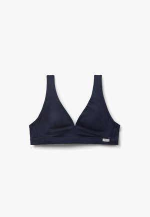 Navyblauwe bh met een driehoekige vorm, gemaakt van gladde stof. Bevat brede banden en een subtiele merketiket aan de zijkant.