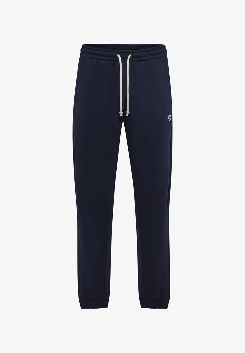 Marineblauwe sweatpants met een elastische tailleband en trekkoord, zijzakken en een klein logodetail. Zacht, gestructureerd materiaal.