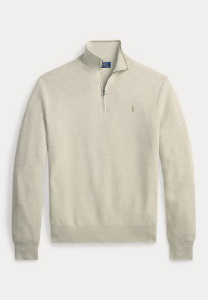 Hellbeiger Pullover mit halbem Reißverschluss, gerippten Bündchen und Saum, texturiertem Stoff und kleinem besticktem Polo Ralph Lauren-Logo auf der linken Brust.