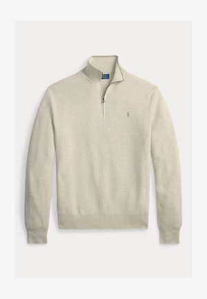 Hellbeiger Pullover mit halbem Reißverschluss, gerippten Bündchen und Saum, texturiertem Stoff und kleinem besticktem Polo Ralph Lauren-Logo auf der linken Brust.