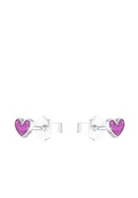Pendientes de botón en forma de corazón plateados con incrustación de purpurina rosa, acabado brillante y cierre de mariposa. La forma es simétrica y compacta.