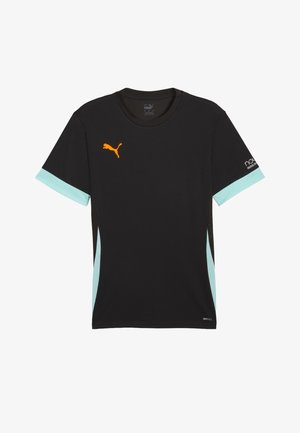Musta urheilu t-paita lyhyillä hihoilla, jossa on oranssi logo rinnassa ja mintunvihreät yksityiskohdat hihoissa ja sivupaneeleissa. Valmistettu kosteutta siirtävästä materiaalista.