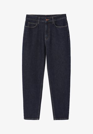 Tmavě modré džínové kalhoty s rovnými nohavicemi, měděným knoflíkem, pěti kapsami a kontrastním stehem. Hladká textura s klasickým střihem.