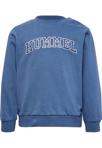 Blauwe sweatshirt van een katoenmix, met een ronde hals en lange mouwen. Het "HUMMEL" logo is in het wit over de borst gedrukt.
