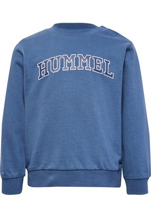 Blauwe sweatshirt van een katoenmix, met een ronde hals en lange mouwen. Het "HUMMEL" logo is in het wit over de borst gedrukt.