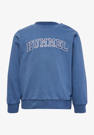 Blauwe sweatshirt van een katoenmix, met een ronde hals en lange mouwen. Het "HUMMEL" logo is in het wit over de borst gedrukt.