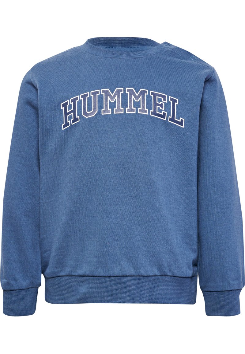 Blauwe sweatshirt van een katoenmix, met een ronde hals en lange mouwen. Het "HUMMEL" logo is in het wit over de borst gedrukt.