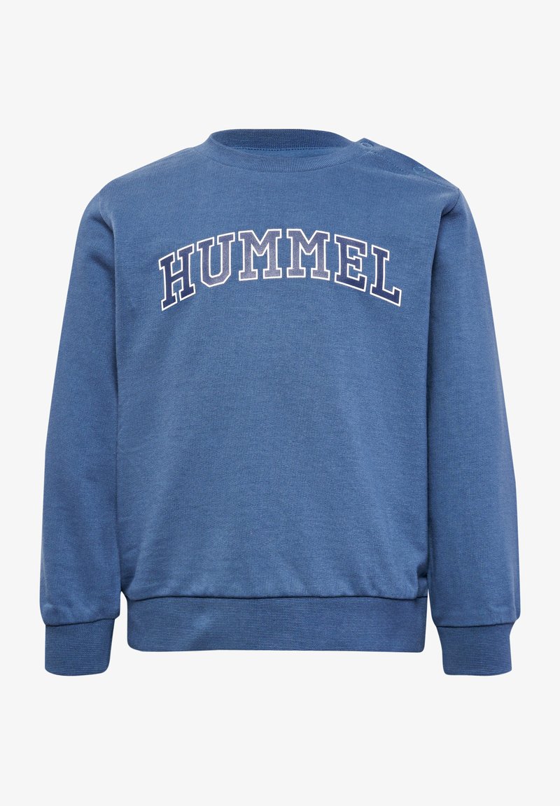 Blauwe sweatshirt van een katoenmix, met een ronde hals en lange mouwen. Het "HUMMEL" logo is in het wit over de borst gedrukt.