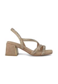 Beige Wildleder-Absatzsandalen mit überkreuzten Riemen, die mit Strasssteinen verziert sind, und einem Blockabsatz mit goldenem Akzent sowie einer strukturierten Fußbett.
