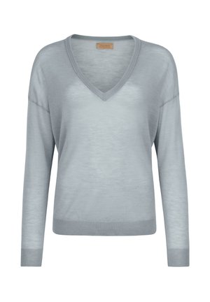 Pull gris clair à manches longues et col en V avec poignets et ourlet côtelés, en maille fine, étiquette Falconeri.