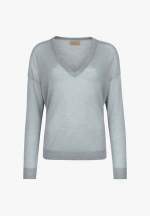Pull gris clair à manches longues et col en V avec poignets et ourlet côtelés, en maille fine, étiquette Falconeri.