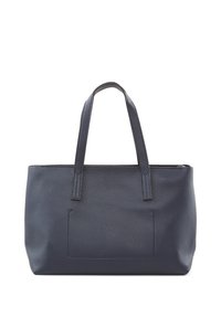 Borsa tote in pelle blu navy con superficie testurizzata, doppio manico e forma rettangolare; presenta una tasca a patta sul fronte.